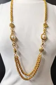 Luxury Designer Brand Gold Tone Heavy Chain Necklace With Faux Pearl Stations