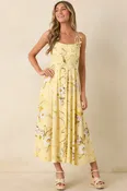 A Dash of Sunshine Yellow Multi Floral Print Bow Accent Strap Midi Dress