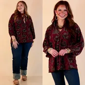 Beautifully Refined Plum Velvet and Metallic Detail Textured Floral Long Sleeve Blouse in Maroon