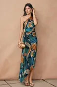 ABSTRACT ASYMMETRICAL PLEATED MAXI DRESS