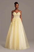 Glitter Ball Gown with 3D Flowers and Lace-Up Back