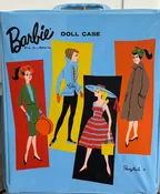 1961 Vintage Barbie Blue Vinyl Ponytail case with T.M. Lic.  Blue w/4 Barbie dressed in 900 fashions