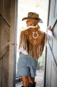 Horseshoe Camel & White Two Tone Fringe Shrug