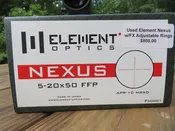 Used Element Optics Nexus 5-20×50 FFP w/ APR-1C MRAD 50001 w/ FX Adjustable Picatinny Rings