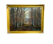 Alma Steinmentz, (1887-1983) Untitled, Fall Trees Along Path, 45”x36”, Oil on Canvas — White Barn Antiques