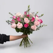 Blush & Hot Pink Roses with Eucalyptus Bouquet – “Rosy Morning”