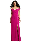 Cuffed Off-the-Shoulder Pleated Faux Wrap Maxi Dress