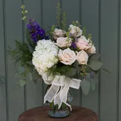 Pink Roses and White Hydrangea