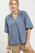 Chambray Scallop Hem Puff Sleeve Top