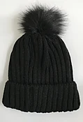 BLACK CHUNKY RIBBED KNITTED HAT WITH BLACK BOBBLE RACCOON FAUX FUR POM POM