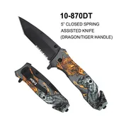 EliteEdge Spring Assist Knife Black Half Serr. Tanto Blade/Gray & Orange Dragon/Tiger Handle SKU 10-870DT