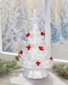 7.5" LED Ceramic Iridescent White Cardinal Tree