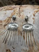 Authentic Native American Handmade Stamped Sterling Silver Long Dangle Concho Style Southwestern Cowgirl Hippie Earrings