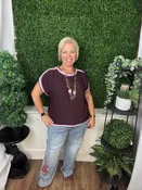 CONTRAST TRIM KNIT TOP - CHOCOLATE/HUNTER GREEN