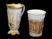 Chocolate Glass 1900 Cactus Creamer &amp; Glass Indiana Greentown Art Glass L7Y
