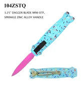 Automatic Blue Sprinkle OTF Knife W/Sheath Pink Ti Stainless-Steel Blade/3D Print Zinc Alloy Handle SKU 104ZSTQ