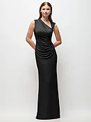 Asymmetrical Cap Sleeve Matte Jersey Column Maxi Dress with Fanned Ruching