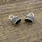 2 pcs silver tone leather end caps with loop, glue in caps, scroll designs, kumihimo licorice leather components, 18mm, Irina Miech