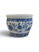 Hand Painted Greek Key Blue and White Decorative Planter with Hearts Granny Core