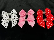 3 SETS OF SMALL POLKA DOT & SOLID COLOR BOWS WITH TAILS & RHINESTONE CENTER