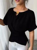 Beaded-Neck Short-Sleeve Blouse | S–2XL