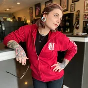 Needlejig Distressed Logo Zip Up Hoodie Red