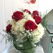 Red Roses & White Hydrangea Bubble Bowl by Petals