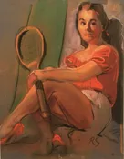 A double sided- Young lady in red with tennis racket