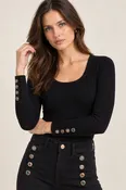 Scoop Neck Knit Top with Antique Jewel Button Detail