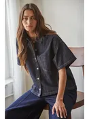 Denim Cotton Collar Button Down Short Sleeve Top