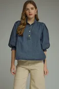 3/4 Puff Sleeve Top - Dark Denim
