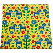 $6.00 SALE Fabric 42" Blue Dala Horses & Flowers on Yellow
