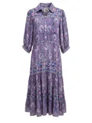 *BELL Cotton & Silk Block Print Elbow Balloon Sleeve Pointed Collar Tiered Popover Maxi Dress, Size L