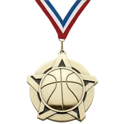2.25" Basketball Star Medal – Gold, Silver & Bronze with 30 Ribbon Options