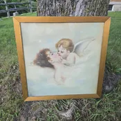 Lot 067 - Antique Framed Print on Fabric, Cupid Kissing Psyche, 25-5/8" W x 25-5/8" H