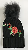 BLACK THICK KNITTED HAT W/EMBROIDERED RED ROSES / GOLD TRIM &amp; BOBBLE RABBIT FAUX FUR POM POM