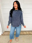 Acid Wash Ribbed Pullover Top - Navy