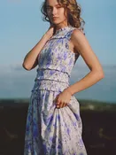 Blue Floral Tiered Maxi Ruffle Shoulder Trim