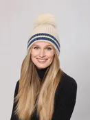 Angora Blend Hat w/ Stripe Detail in Cream/Blue/Mocha