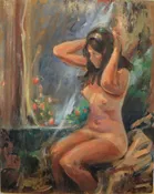 A double sided oil painting of a Man in yellow shirt and a Nude brunette.