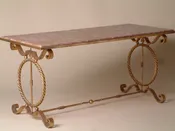 Andre Arbus-style gilt iron coffee table (#1141) — Calderwood Gallery is a world class resource for original French Art Deco furniture. Works by Maurice Dufrene, Jacques Adnet, Ruhlmann, Jallot, Follot, Arbus, Leleu, Dominuque, Subes, Sue et Mare. Art Nouveau, decorative arts, iron works.