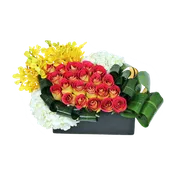 AF 150-6 Sunset Roses & Yellow Orchids Modern Black Vase Floral Arrangement