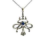 Art Deco 14K white gold, yellow gold diamond and sapphire lavaliere necklace