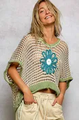 Pol Clothing - Round Neck Sleeveless Floral loose weave crochet large daisy green natural blue