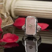 Filigree Carved Rose Quartz and Diamond Ring