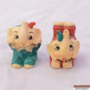 Early Enesco Circus Baby Elephant Clown Ruffle Collar Trick Red Green Shakers
