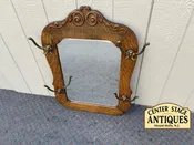 67988  Antique Victorian Oak Mirror Hat Rack with Ornate Brass Hooks