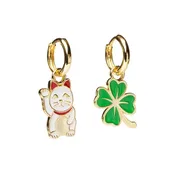 Lucky Cat + Clover Hoop Earrings