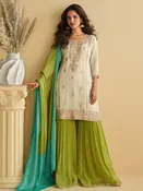 Beige Chinon Silk Intricate Embroidered Palazzo Elegant Festive Wear