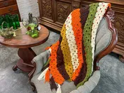 Vintage Handmade Crochet Fringe Blanket - 70s color scheme, 46"x62"